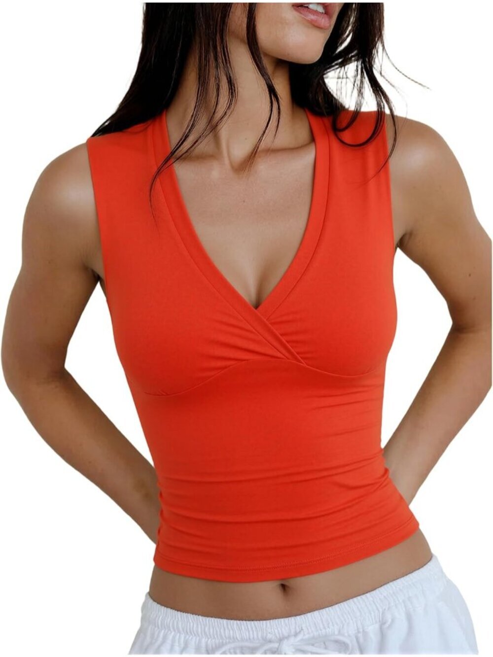 Women's Red Orange Sleeveless V Neck Double Lined Imported Slim Fit Tank Tops